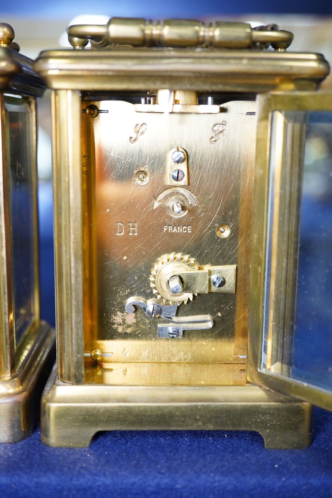 Two late 19th century French brass cased carriage timepieces, largest 11cm high. Condition - good, unchecked if working